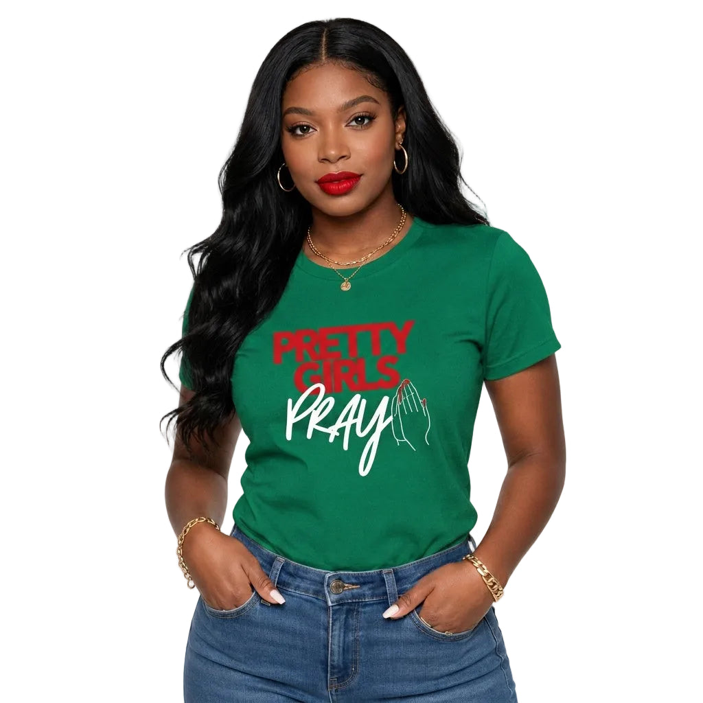Pretty Girls Pray Red & White Women’s Fitted Faith Tee