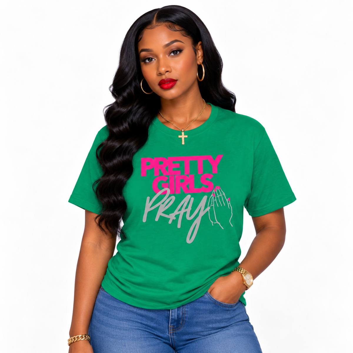 Pretty Girls Pray Pink & Silver Unisex Christian T-Shirt | Faith Based Graphic Tee