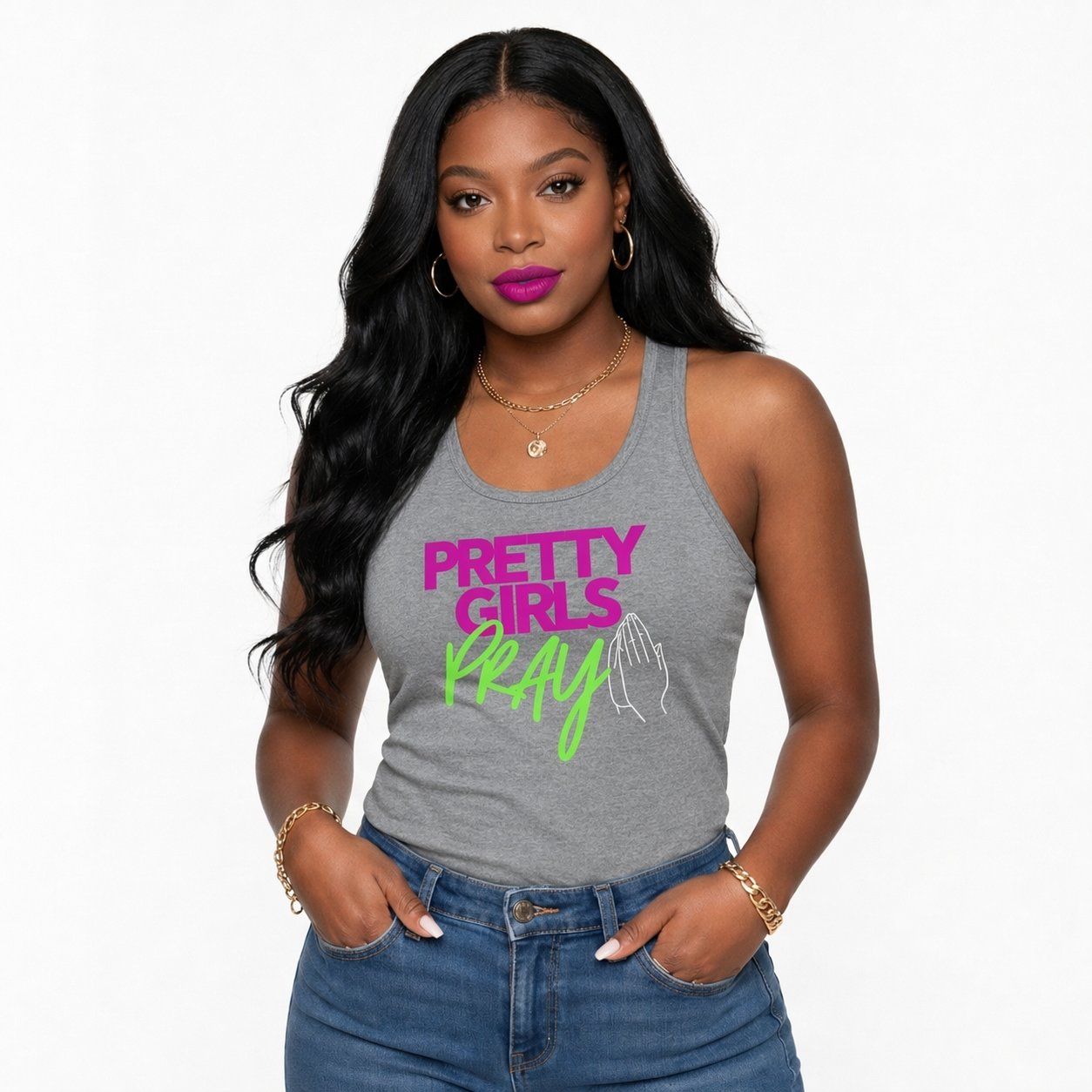 Pretty Girls Pray Pink & Green Women's Racerback Tank
