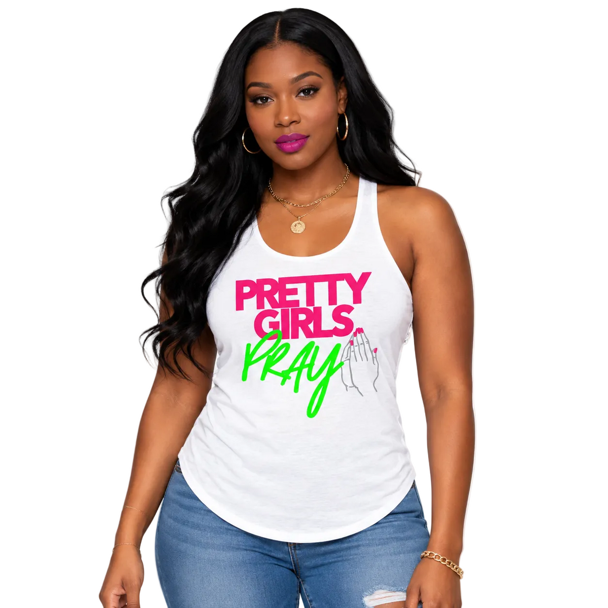 Pretty Girls Pray Pink & Green Women's Racerback Tank