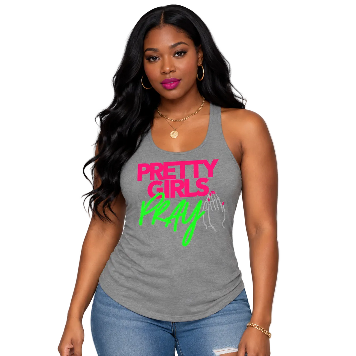 Pretty Girls Pray Pink & Green Women's Racerback Tank