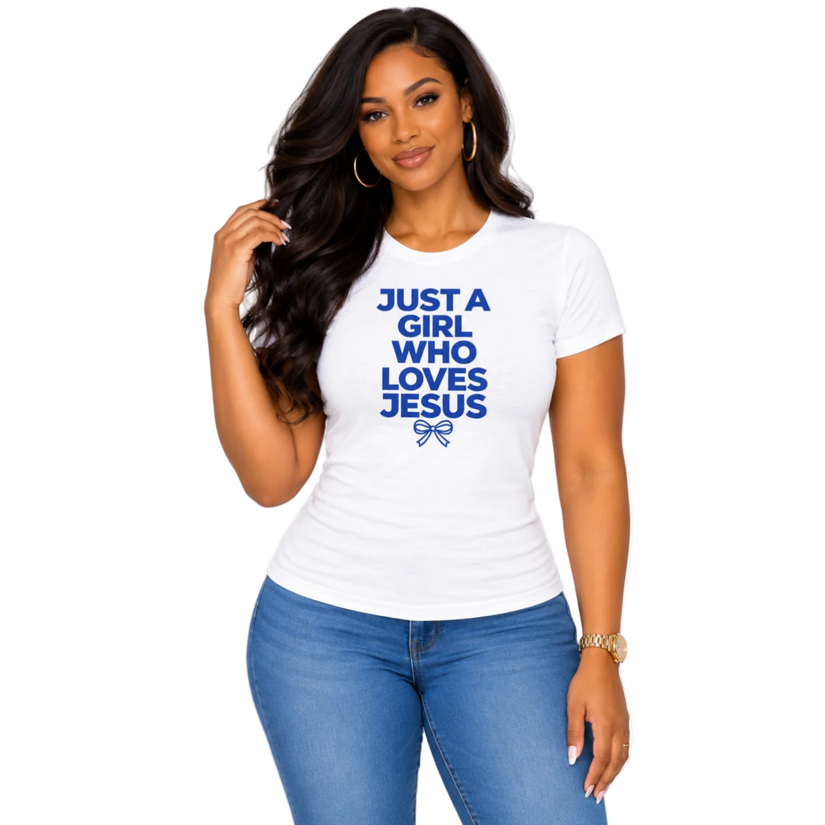 Just a Girl Who Loves Jesus - (Blue) Fitted Tee Christian Faith Shirt