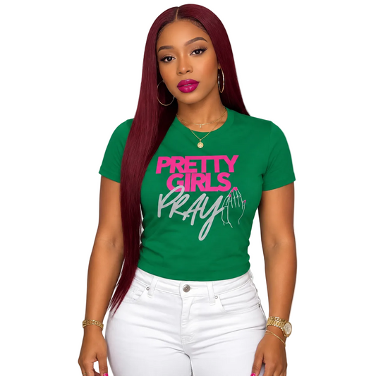 Pretty Girls Pray Pink & Silver Women’s Fitted Faith Tee