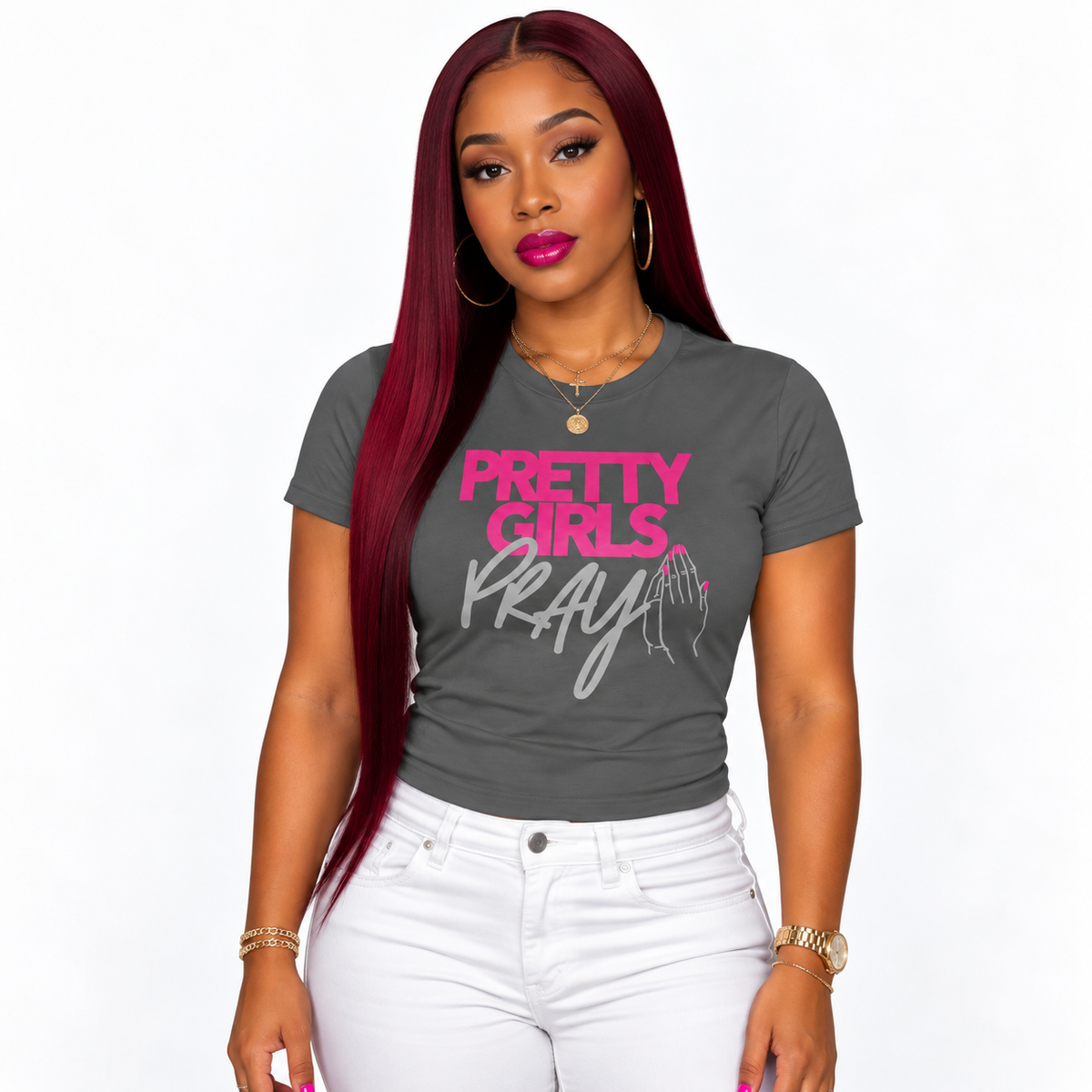 Pretty Girls Pray Pink & Silver Women’s Fitted Faith Tee
