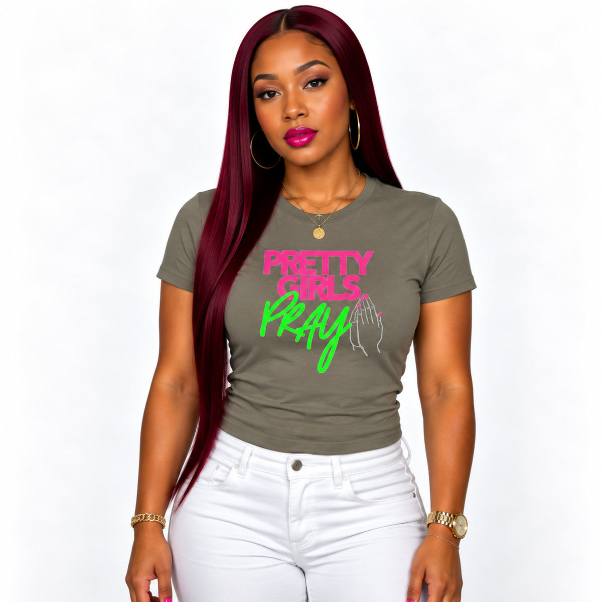 Pretty Girls Pray Pink & Green Women’s Fitted Faith Tee