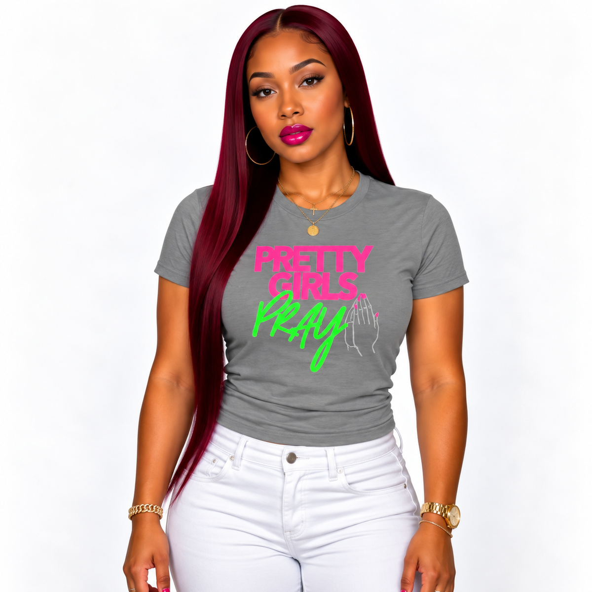 Pretty Girls Pray Pink & Green Women’s Fitted Faith Tee