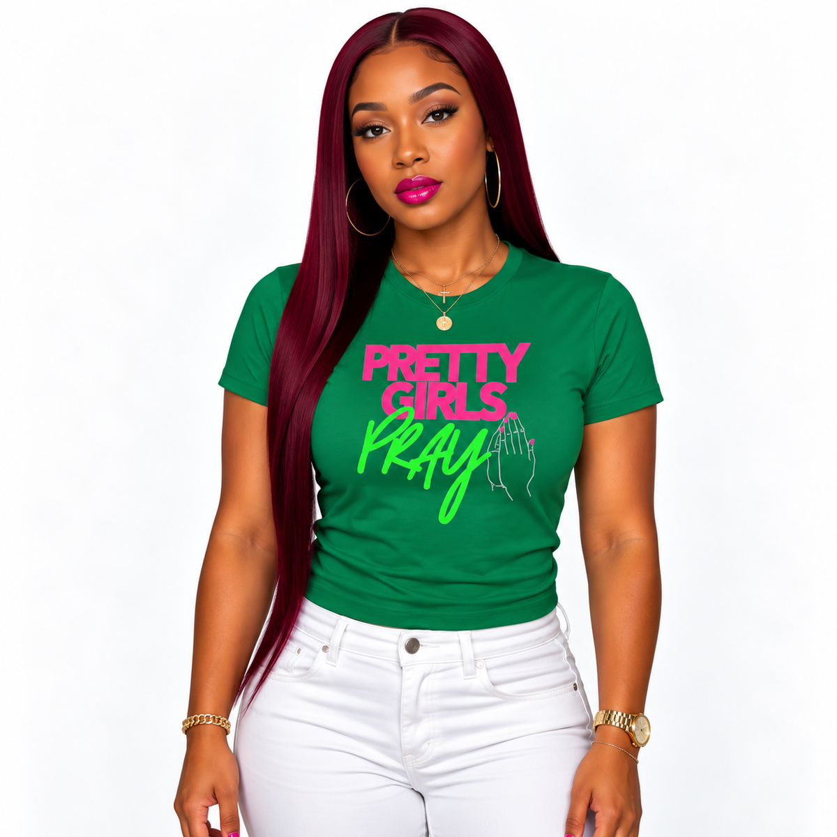 Pretty Girls Pray Pink & Green Women’s Fitted Faith Tee