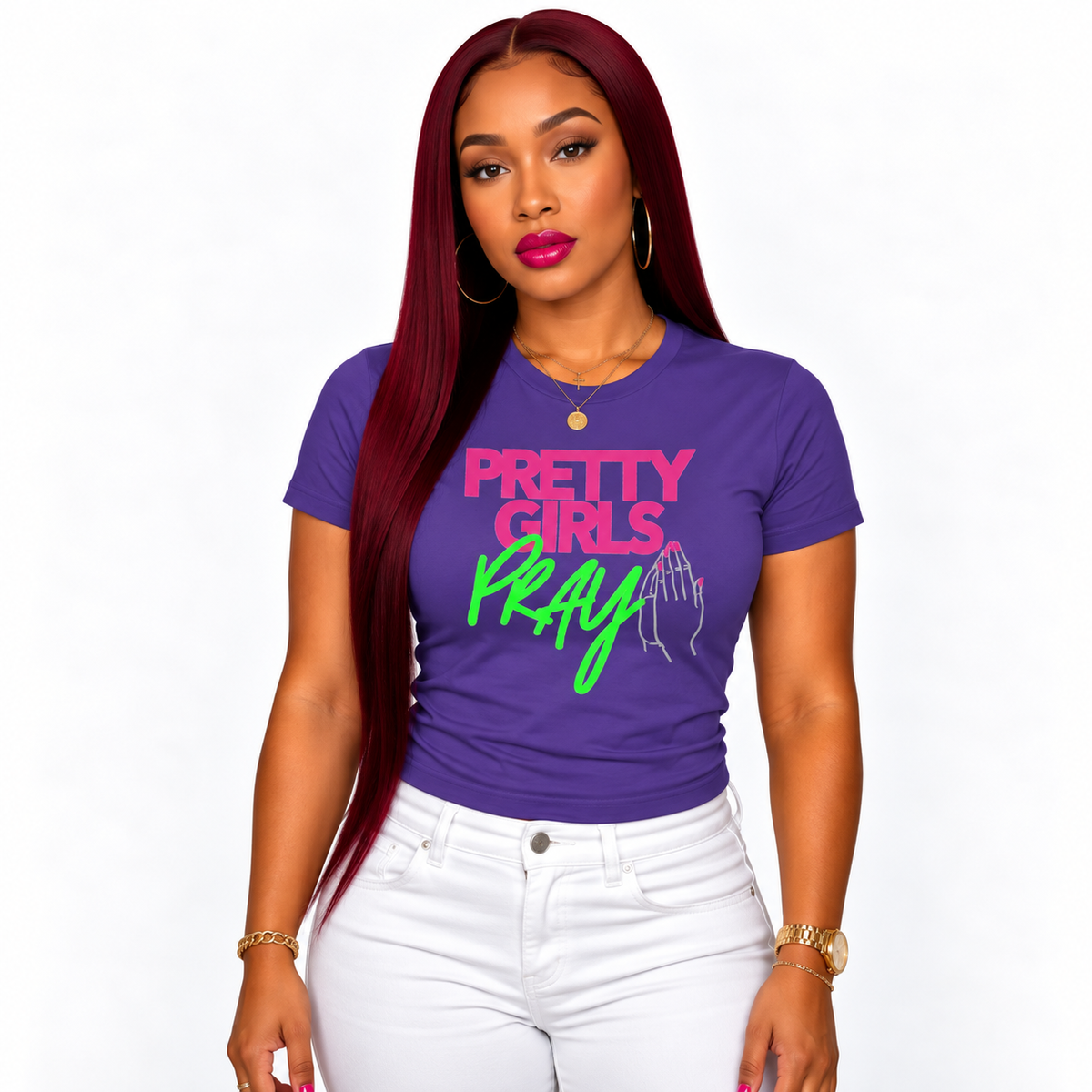 Pretty Girls Pray Pink & Green Women’s Fitted Faith Tee