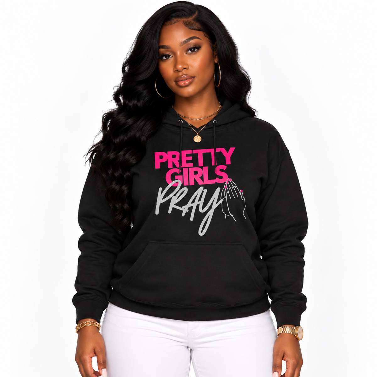 Pretty Girls Pray Pink & Silver Unisex Premium Pullover Hoodie | Christian Apparel