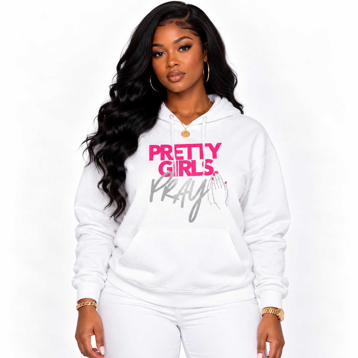Pretty Girls Pray Pink & Silver Unisex Premium Pullover Hoodie | Christian Apparel
