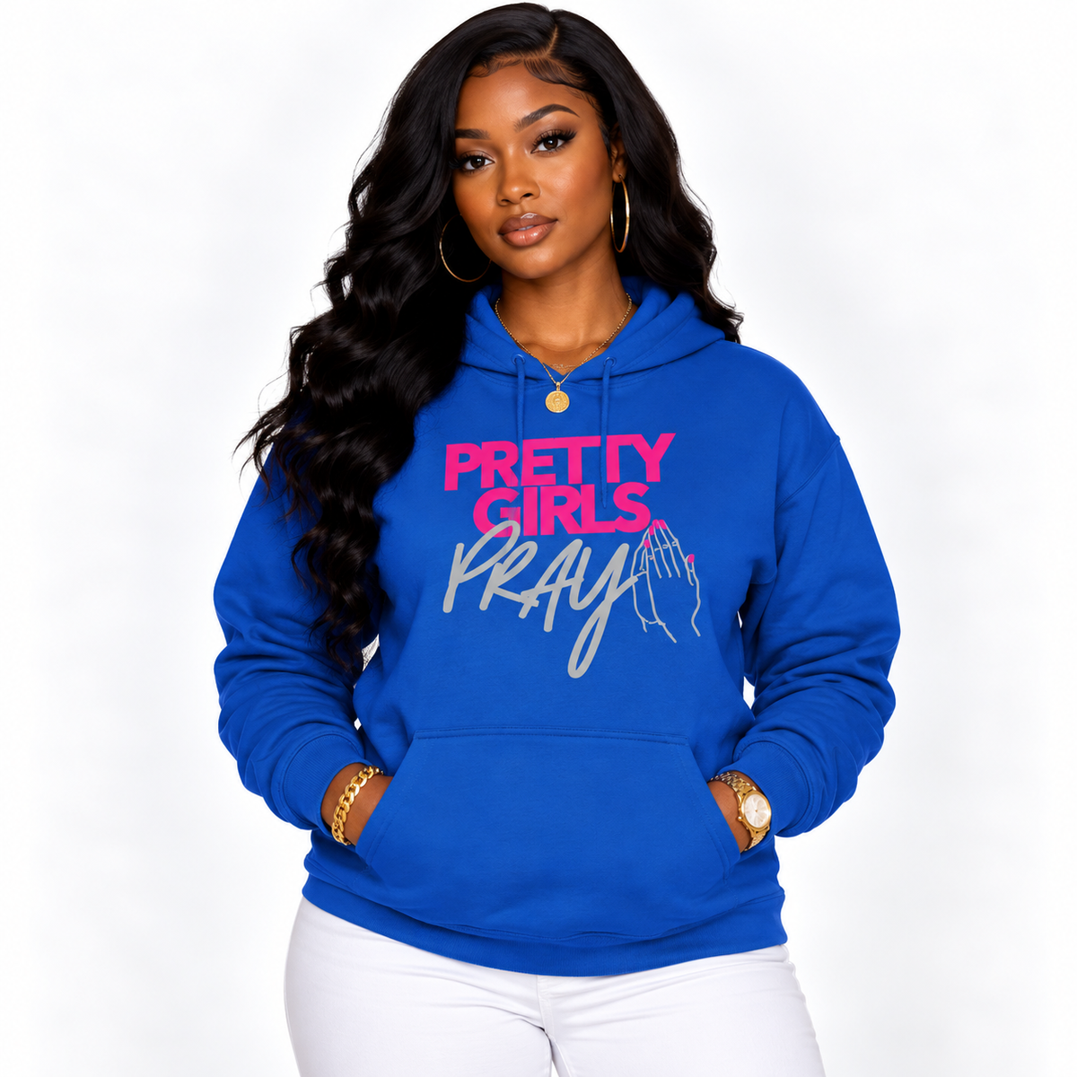 Pretty Girls Pray Pink & Silver Unisex Premium Pullover Hoodie | Christian Apparel