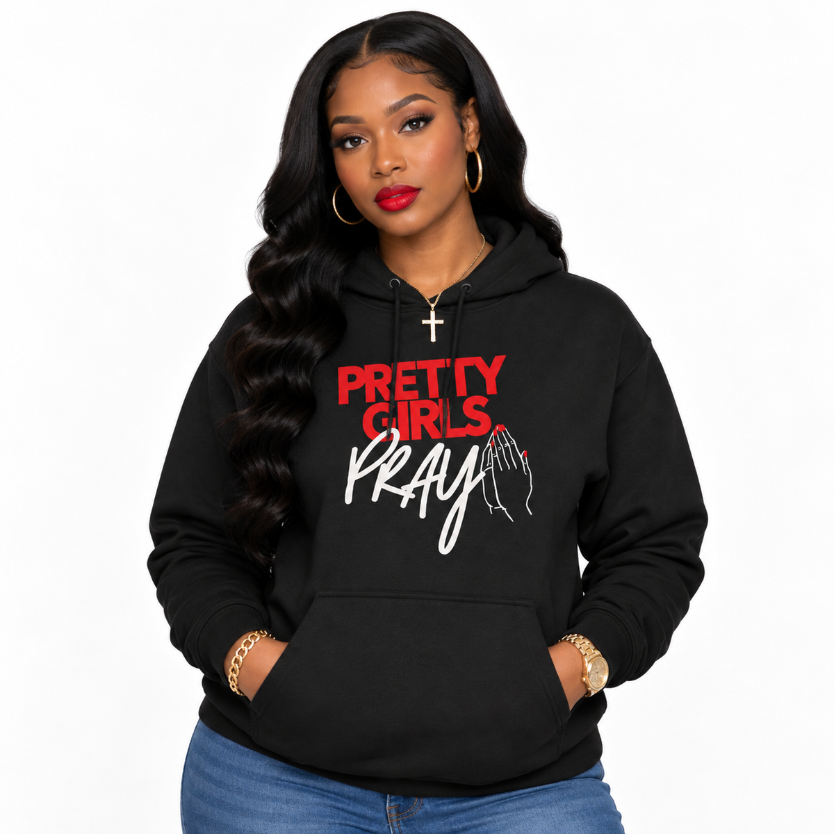 Pretty Girls Pray Red & White Unisex Premium Pullover Hoodie | Christian Sweatshirt