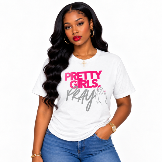 Pretty Girls Pray Pink & Silver Unisex Christian T-Shirt | Faith Based Graphic Tee