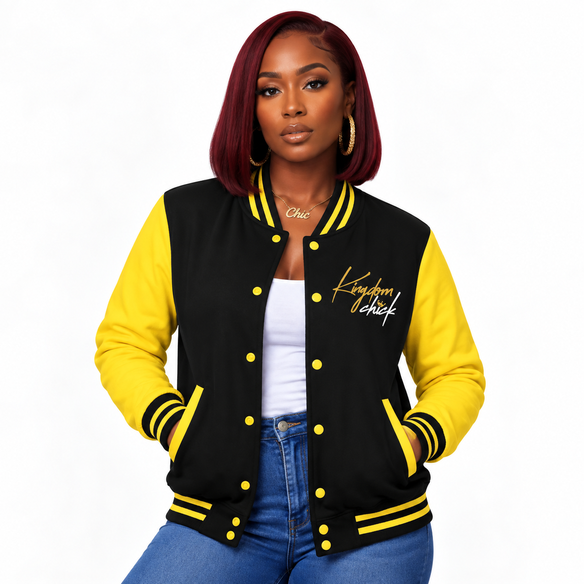 Kingdom Chick™ Retro Script Varsity Jacket | Classic Letterman Look