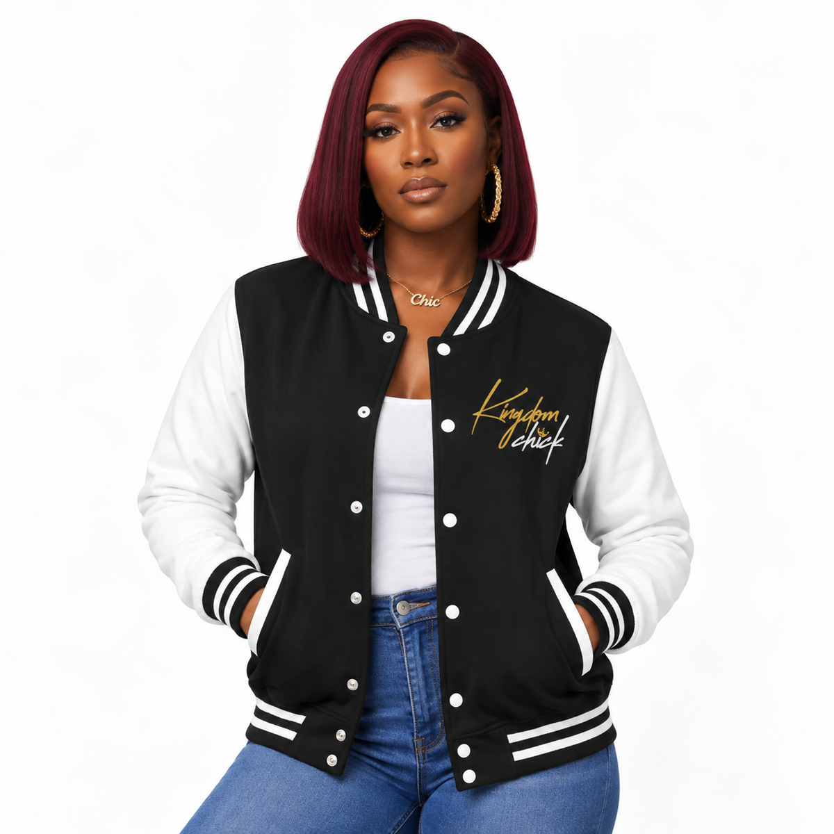 Kingdom Chick™ Retro Script Varsity Jacket | Classic Letterman Look
