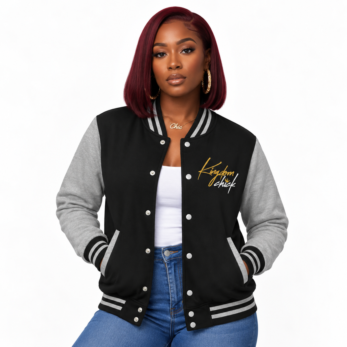 Kingdom Chick™ Retro Script Varsity Jacket | Classic Letterman Look