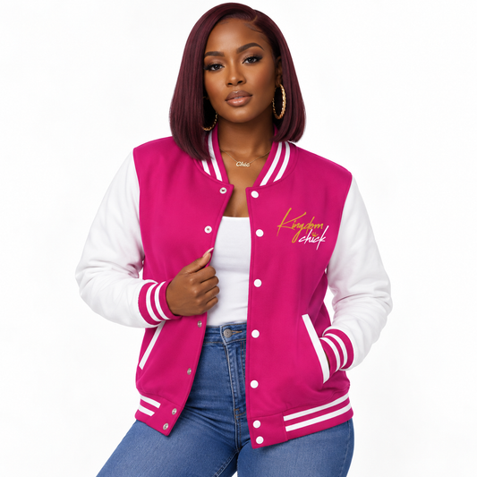 Kingdom Chick™ Retro Script Varsity Jacket | Classic Letterman Look